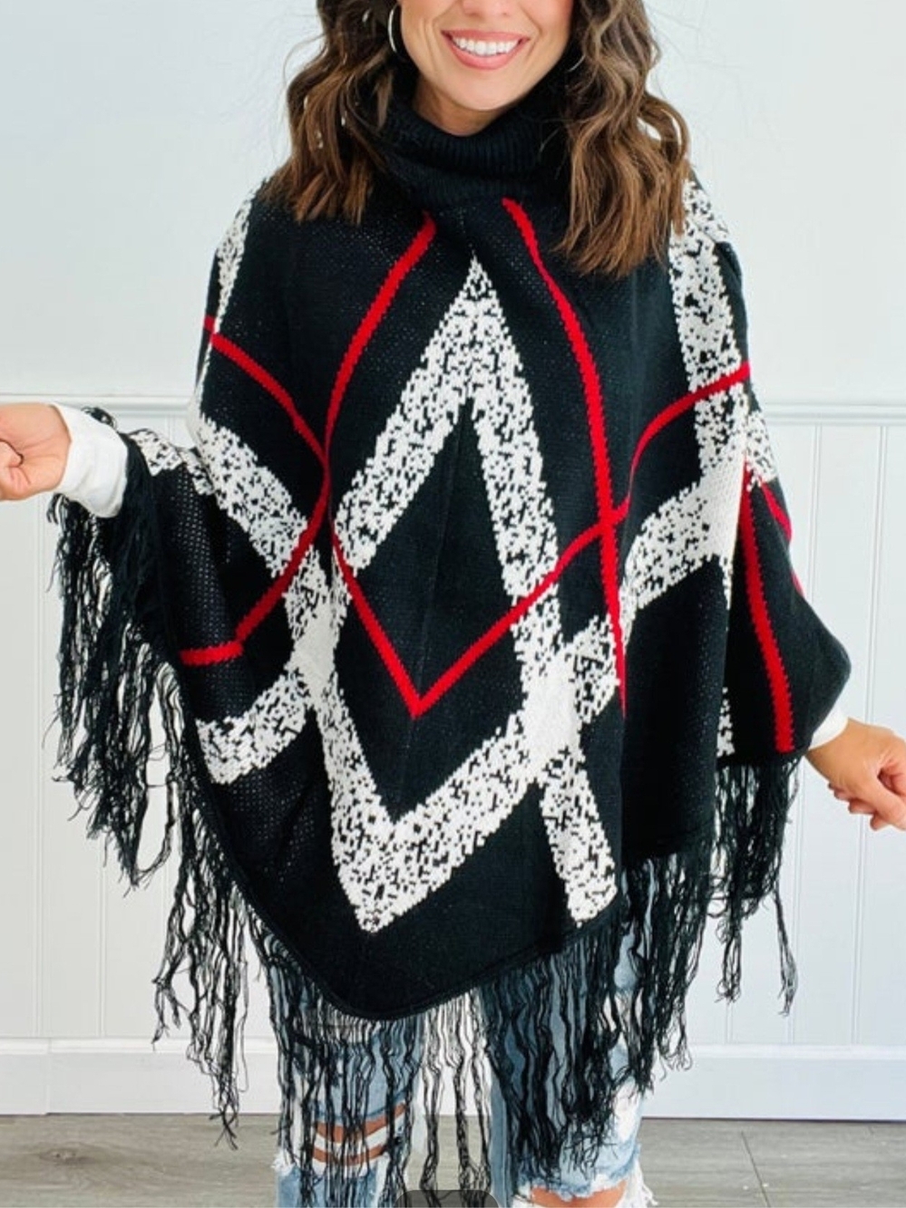 Kori Black Turtleneck Plaid Fringe Poncho Sweater with Red & White Pattern M/L